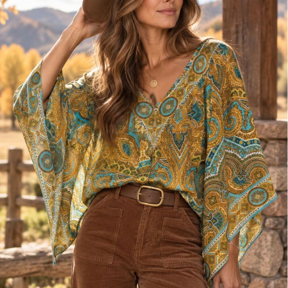 Alice & Trixie Silk Paisley Kimono Sleeve Top Blouse Teal Mustard Boho Western S